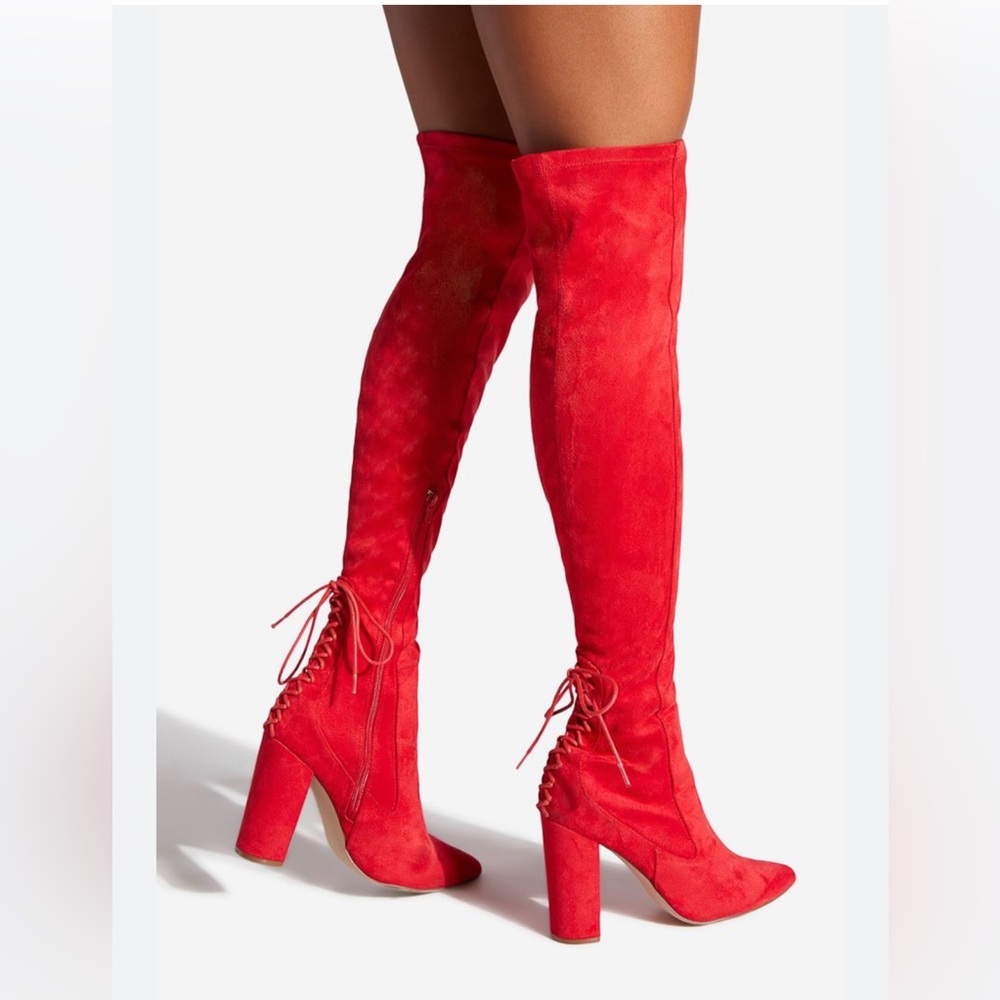 Ivona Shoe Dazzle Over the Knee Red Boot with Lace up Back 7.5